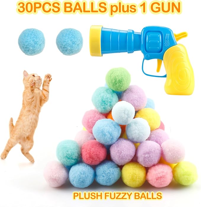 MeoHui 31Pcs Cat Ball Toy Launcher Gun, Cat Balls Fetch Cat Toys | 30Pcs Plush Fuzzy Balls Launcher Cat Toy with 1 Gun, Funny Interactive Cat Toys for Indoor Cats, Cute Kitten Kitty Toys