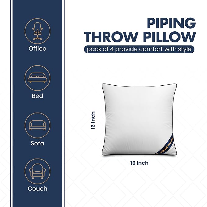 Utopia Bedding 16x16 Throw Pillow Inserts, Decorative Pillows, Pack of 4 | Piping Throw Pillows, Plush & Supportive, Aesthetic Cushion Sham Stuffer for Sofa, Office, Couch & Bed, Set of 4, White