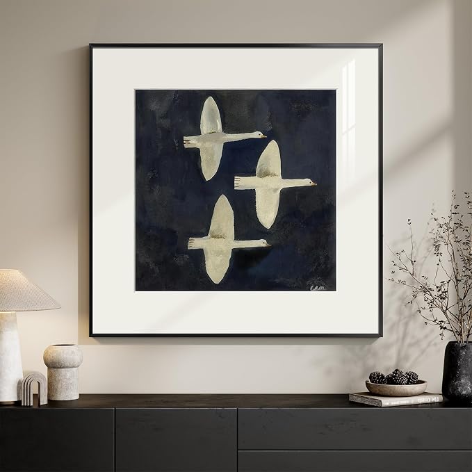 Framed Modern Black and White Bird Wall Art, Contemporary Animal Canvas Prints, Minimalist Flock Bird Flying Pictures for Bedroom Living Room Dining Room Hallway Bathroom Wall Decor 24x24 In