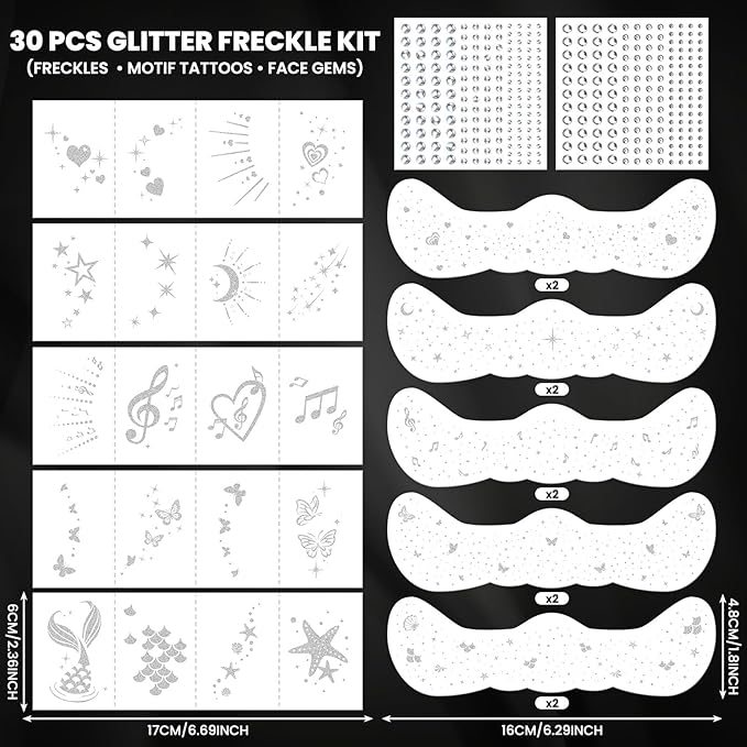 30PCS Glitter Freckles Face Tattoos & Face Gems Set, Multi-Style Silver Glitter Temporary Tattoos Makeup Patches, Fake Freckles Face Glitter for Women’s Rave Outfits & Accessories