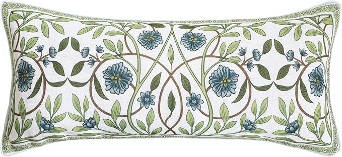 Designer Vintage Linen Throw Pillow Cover,28"x12"-Mosella A | French Elegant Rectangle Decor Pillow Cover,Concealed Zipper Design,Floral Pattern,Sofa,Bedroom,Living Room,Lounge Chairs