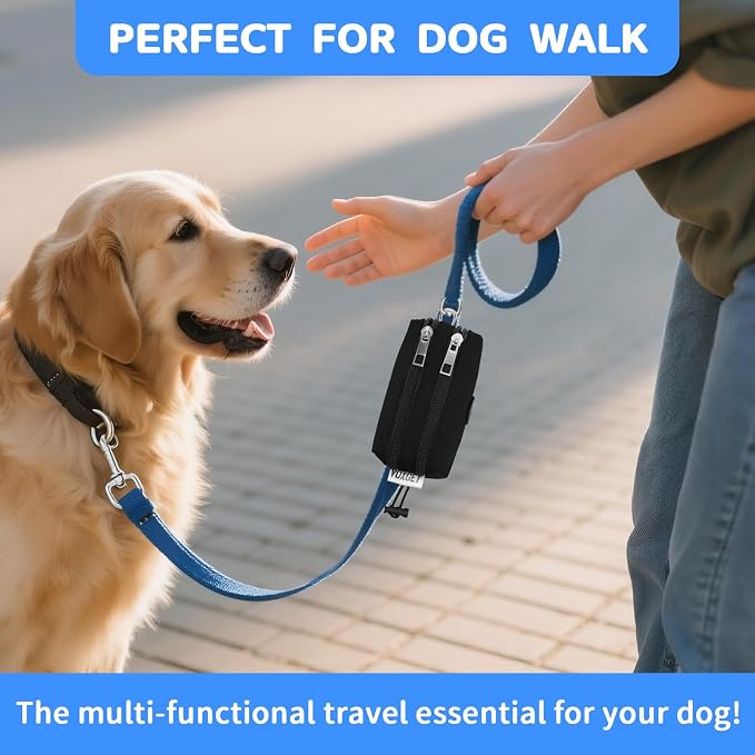 Dog Poop Bag Holder with Treat Pouch, 2 Zipper Pockets & Leash Clip