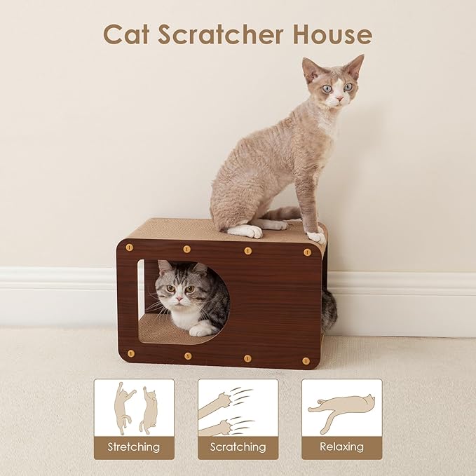EHEYCIGA Cardboard Cat Scratcher House, 17-Inch Cat Scratch pad, Dark Brown | Cat Scratching Board for Indoor Kitten Cats, High-density Corrugated Paper, Multi-function, Anti-scratch, Easy Install