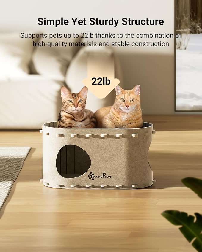 DownyPaws Cat House for Indoor Cats, Peekaboo Cat Bed Cave, Cream | Cat Hideaway Enclosed Bed,Cave Hideout Fort,Kitten Cube Castle Hut Tunnel for Cats,Hide Box Bed for Large Cat Up to 22 Lbs