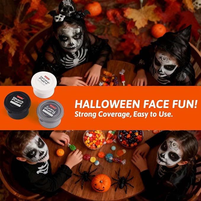 White Black Silver Face Body Paint with 3 Brushes, 60g(2.1 oz) Face Painting Set, Non-Toxic, Water Based Makeup for Halloween, Party, SFX, Cosplay, Theater