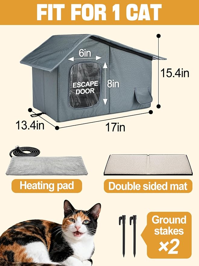 Weatherproof Heated Cat Houses for Outdoor Cats - Insulated Cat Shelter for Winter with Thermostatic Heating Pad and Escape Door, Warm Outside Pet House Gift for 1 Feral Cats (Small)