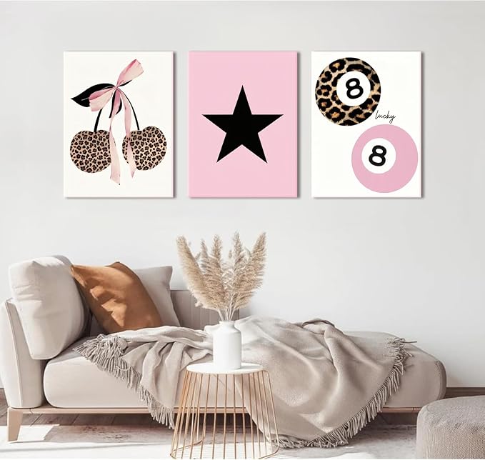 Trendy Pink Leopard Bow Canvas Wall Art Set of 3 Funky Cherry Lucky 8 Ball Posters Prints Wall Decor Cute Coquette Preppy Aesthetic Pictures for Girls Bedroom Dorm Apartment 16x24 In Framed