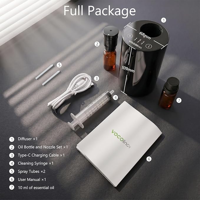 VOCOlinc Waterless Diffuser for Essential Oil Starter Kit with 10mL Hotel Scent Fragrance Oil, Battery Operated Nebulizer, Mini Scent Air Machine, 3 Timers & 3 Mist Levels for Home, Room, Car, Office