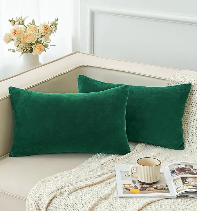 Pack of 2 Christmas Green Pillow Covers 12x20 Inch Decorative Throw Pillow Cover, Velvet Lumbar Emerald Pillowcases for Couch Sofa Bed, Home Boho Decor, Modern Soft Cushion Covers