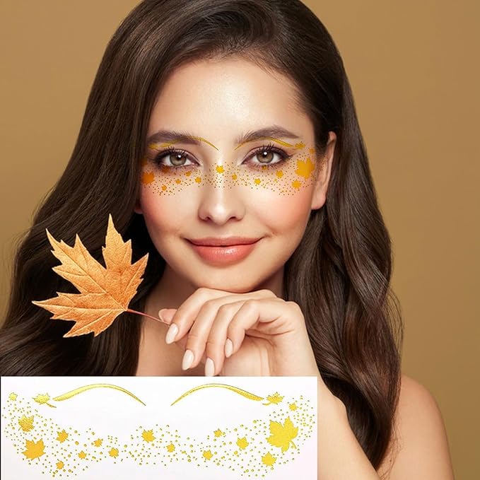 Maple Leaf Freckle Temporary Tattoos - Gold Glitter Face & Body Stickers for Women, Girls, Canadian Party Festival Makeup, Fall Autumn Thanksgiving Decoration Supplies (8 Sheets)