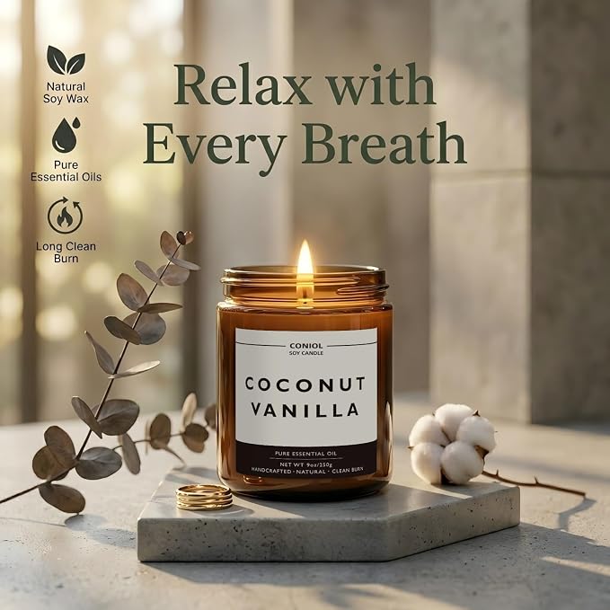 Coconut Vanilla Scented Candles for Home, Natural Soy Wax Candle with Essential Oils, 9oz Amber Jar Aromatherapy Candel, 50H Long & Non-toxic Burning, Hand Poured, Giftable, Relaxation,Birthday