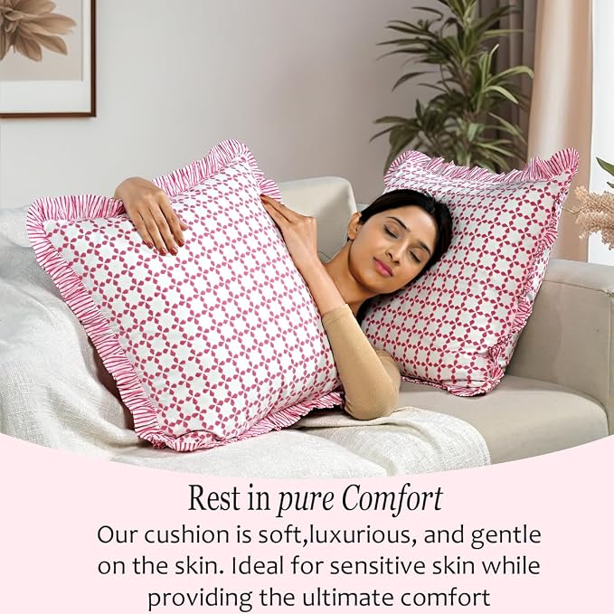 CPC Magenta Pink Hand Block Print 100% Cotton Ruffle Throw Pillow Cover 18x18 inch with Hidden Zipper Decorative for Couch, Bed, Sofa, Farmhouse, Cottagecore Decor Gift Christmas Fall Thanksgiving