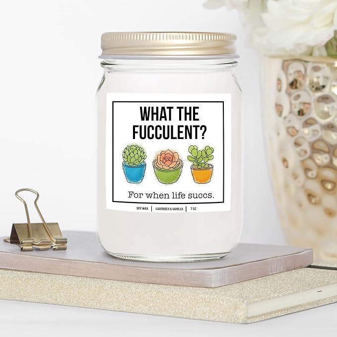 You Nique Designs What The Fucculent, 7 Ounces, Succulent Gifts, Plant Candle, Pick Me Up Gifts for Women, Stress Relief Candles, Relaxing, Soy Aromatherapy Candle (Lavender & Vanilla)