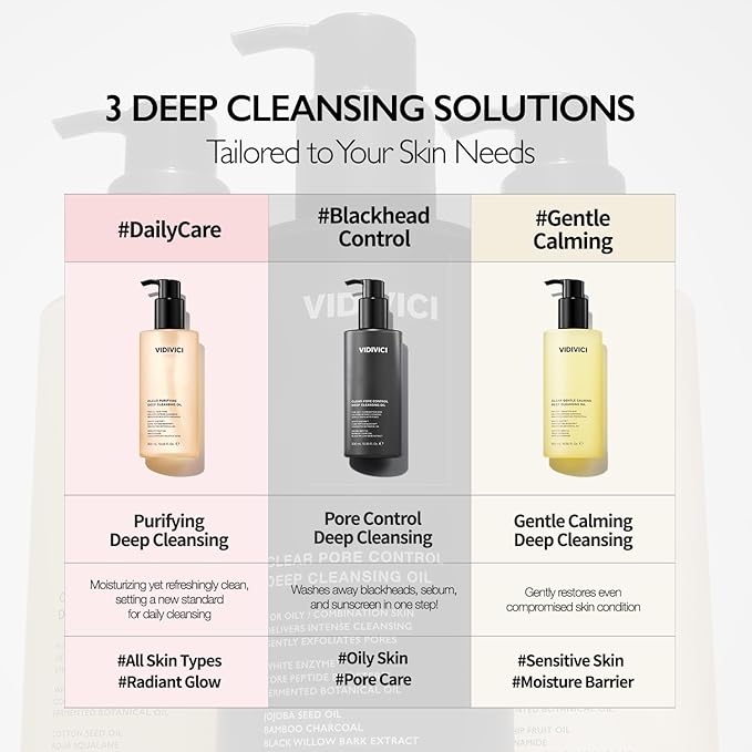 VIDIVICI Clear Pore Control Deep Cleansing Oil 10.14 fl.oz | Makeup remover with blackhead care, Korean facial cleanser for oily skin, Sebum control with Bamboo Charcoal Powder, Korean skin care