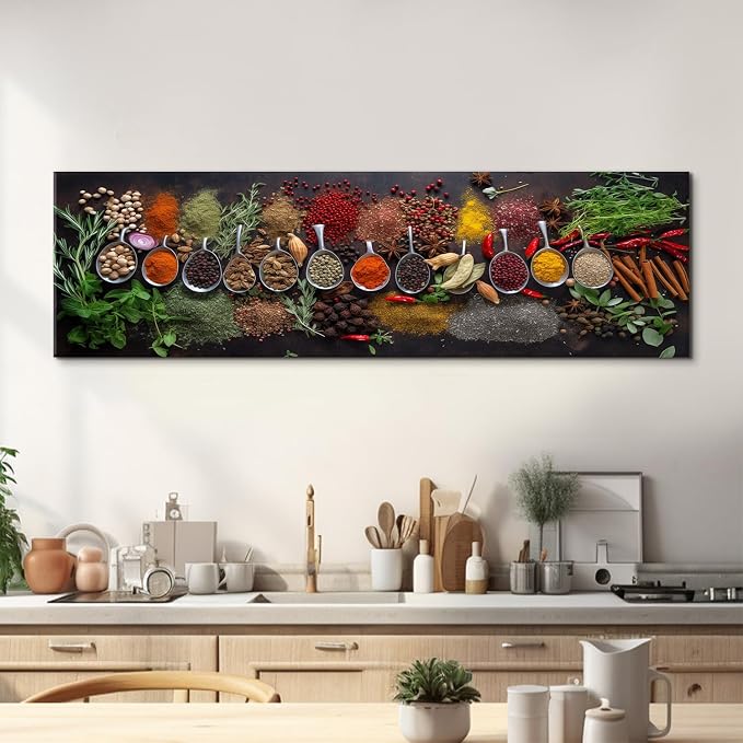 Large Colorful Kitchen Wall Art Spices Herb Food Picture for Dining Room Wall Decor Vintage Seasoning Herb Spoon Canvas Prints Poster Modern Family Bar Painting Artwork Home Decorations 14x48”