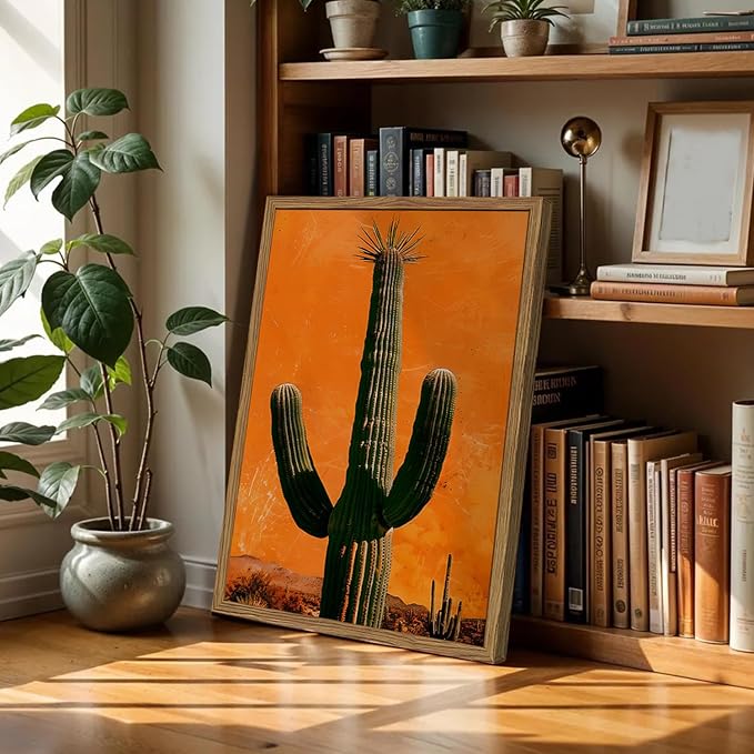 Framed Western Cowboy Canvas Wall Art Set of 3, Vintage Desert Cactus Pictures Wall Decor, Longhorn Bull Skull Paintings Prints Southwestern Home Decor for Living Room Bedroom 16x24 inch