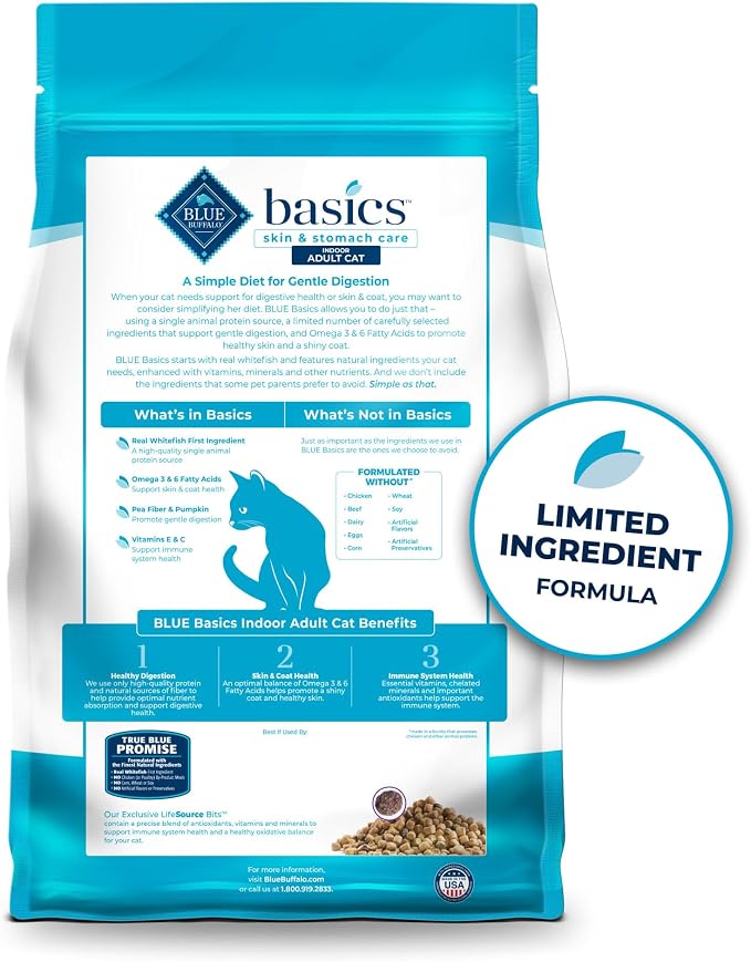 Blue Buffalo Basics Whitefish Grain-Free Dry Cat Food, 5 lb | Skin & Stomach Care, Real Whitefish #1 Ingredient, Limited Ingredient Diet, Antioxidant-Rich LifeSource Bits