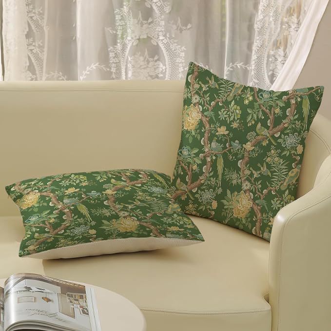 Floral Bird Pillow Covers 18x18 Set of 2 Chinoiserie Green Throw Pillow Covers Vintage Flowers Bird Decorative Pillow Cases Outdoor Chinoiserie Decor Farmhouse Cushion Case for Couch Sofa