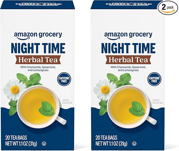Happy Belly Amazon Grocery, Night Time Herbal Tea, Caffeine Free, 1.1 Oz, 20 Ct (Pack of 2)