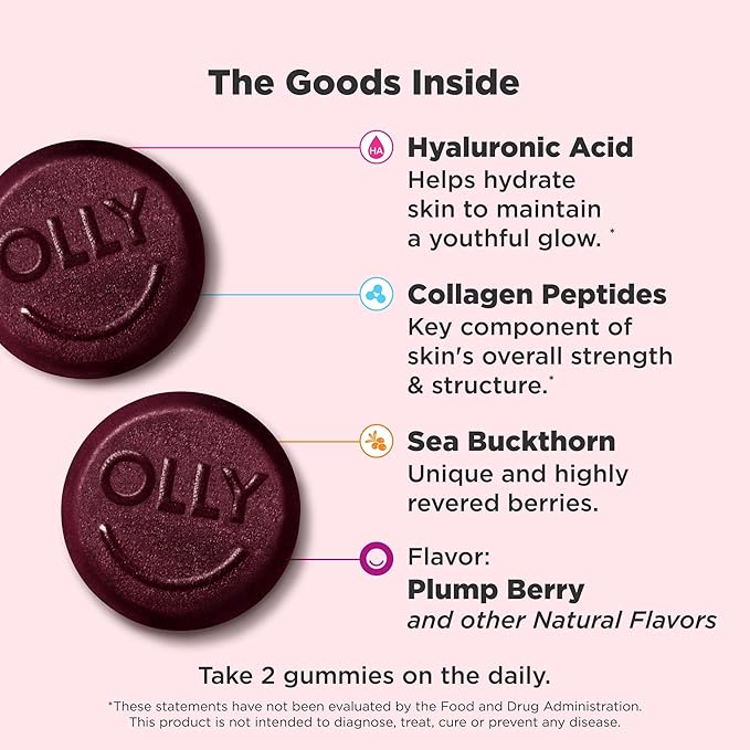 OLLY Glowing Skin Gummy, Hydrated & Youthful Skin,* Hyaluronic Acid, Collagen Peptides, Sea Buckthorn, Plump Berry Flavor, 25 Day Supply - 50 Count (Pack of 2)