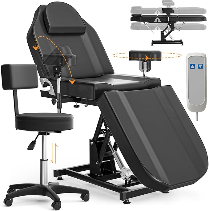 Electric Tattoo Chair Bed for Client with Stool & Adjustable Armrests & Height Facial Chairs for Esthetician Beds for Beauty Spa