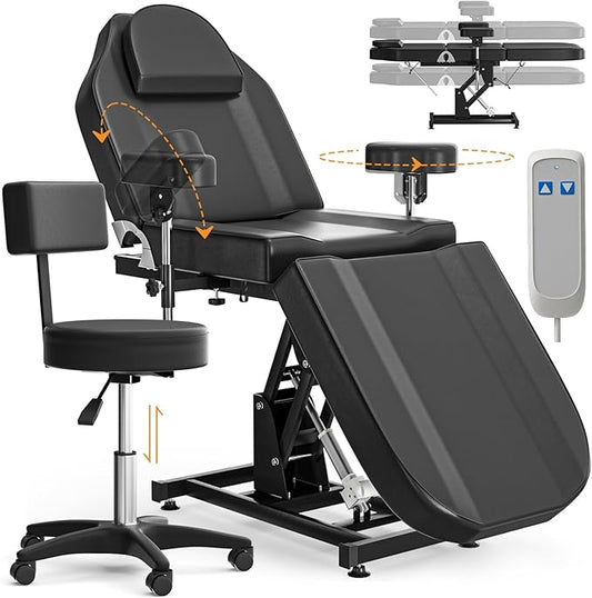 Electric Tattoo Chair Bed for Client with Stool & Adjustable Armrests & Height Facial Chairs for Esthetician Beds for Beauty Spa