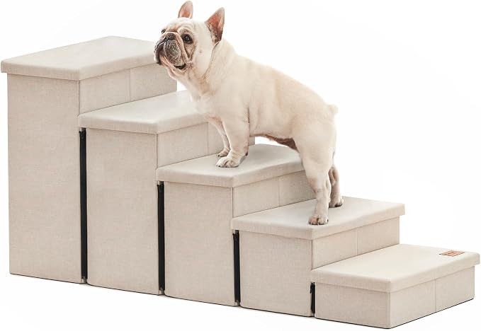 Love's cabin Dog Stairs for High Bed, Foldable Pet Stairs for Small Medium or Large Dogs Puppy with Storage for Bed or Couch, Cat Dog Steps Ramp with Zip up to 200 lbs, Beige, 5 Steps