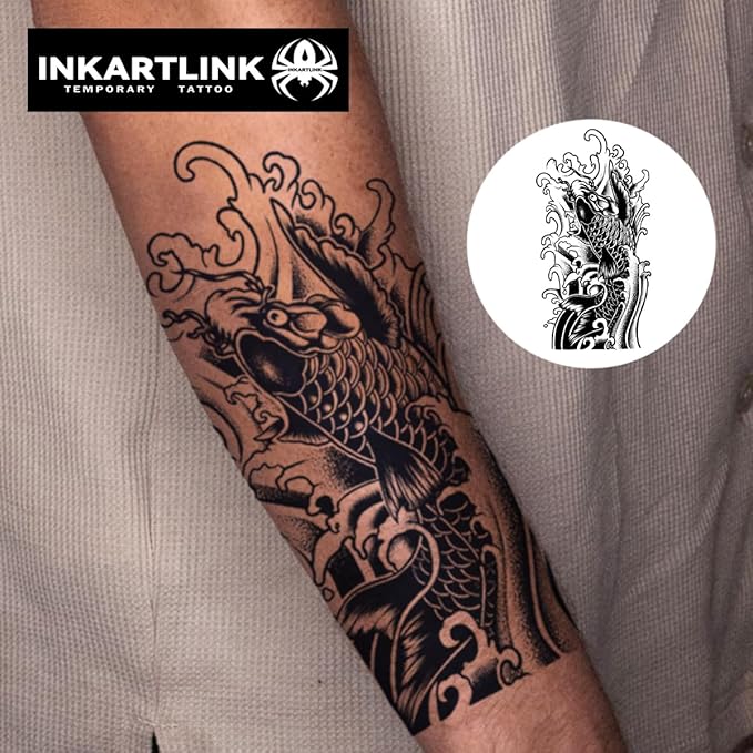 INKARTLINK Semi Permanent Temporary Tattoo, Realistic Arm Tattoo, Suitable for Domineering Men's Tattoo, Waterproof and Non-reflective, Unique Design (Koi Flower Arm)