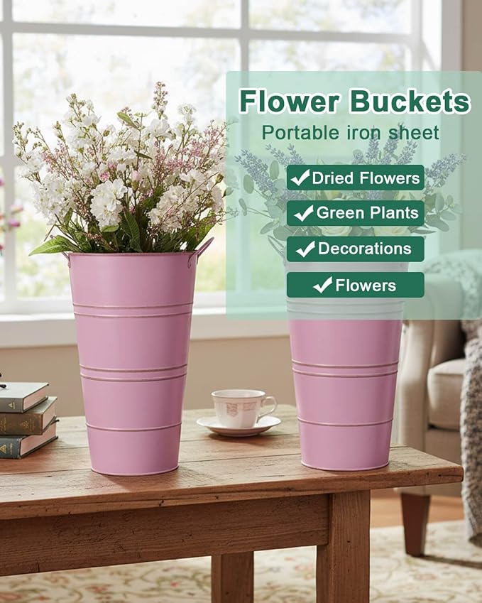 12 Inch Galvanized Metal Vase, 6 Pack Tall Flower Buckets with Handles | Galvanized metal flower buckets with handles, rustic tall vase design for dried flowers, weddings, farmhouse and home decor.