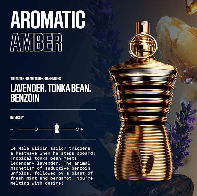 Jean Paul Gaultier Le Male Elixir Parfum - Long Lasting Woody Aromatic Cologne for Men with Lavender, Tonka Bean & Warm Amber - Luxury Elixir Parfum, 2.5 oz