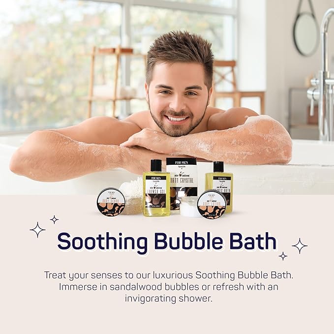 SpaLife Luxury Spa Skincare Sandalwood Gift Set for Men | Mens Body Wash Gifts | Mens Gift Set for Bath and Body | Christmas Gifts for Men | Cleansing, Moisturizing, Exfoliating | 7-Piece Bundle