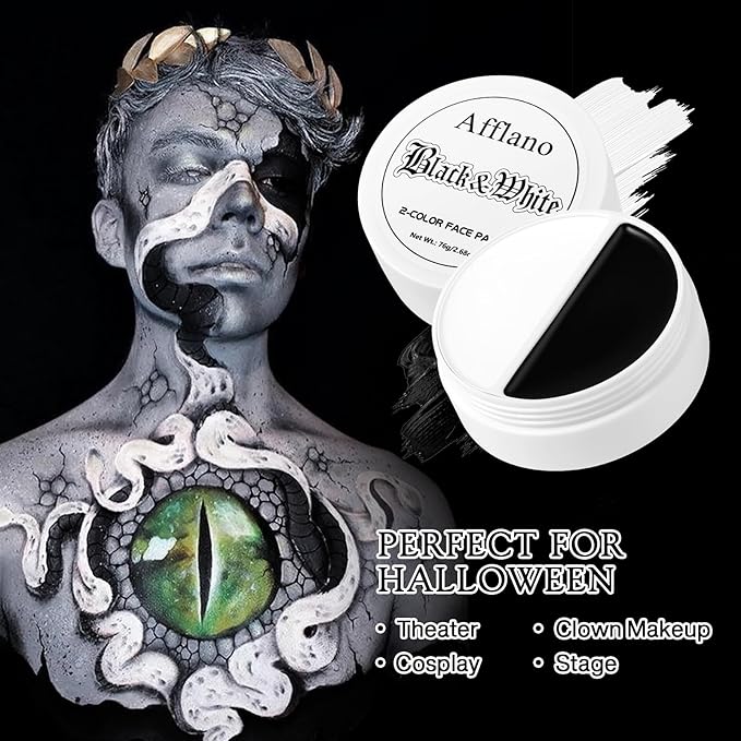 Black White Face Body Paint Halloween Foundation Gothic Makeup, CreamBlend Non Toxic Face Paint for Adult & kids Oli based Facepaint bodypainting Clown Zombie Vampire Skeleton SFX Mime Cosplay Makeup