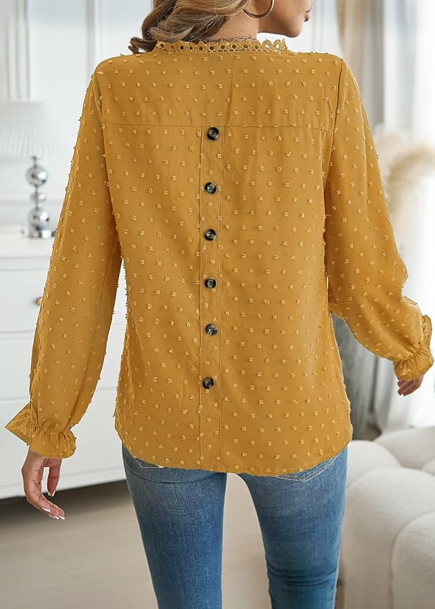 Womens Boho Tops Long Sleeve Shirts For Women Cute Crewneck Blouse Dressy Casual Swiss Dot Crochet Hollow Top 2026