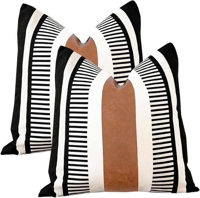 26x26 Boho Striped Pillow Cover with Faux Leather Accent, Black, 2 PC | Geometric printed cotton, vintage brown accent, black white reversible cushion case, farmhouse tribal euro sham bed decor.