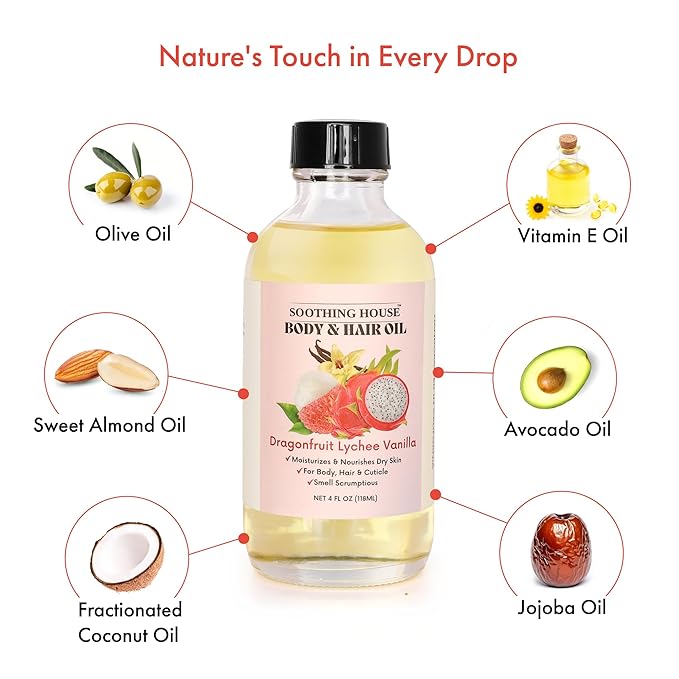 Soothing House Dragonfruit Lychee Vanilla Body Oil – Hydrating & Nourishing Oil for Skin, Hair & Cuticles – Lightweight, Fast-Absorbing, Long-Lasting Fruity Floral Scent, 4 fl oz