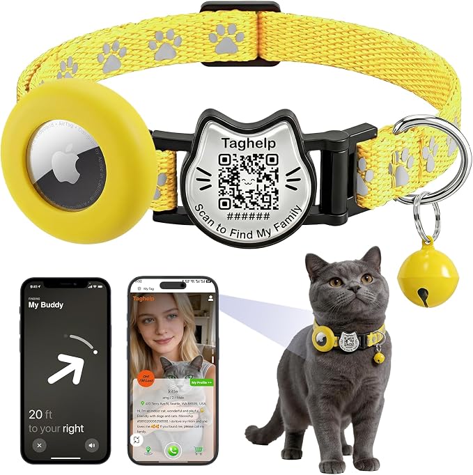 Cat Collar with AirTag Holder, QR Code Tag and Bell (Yellow, Paw Pattern)