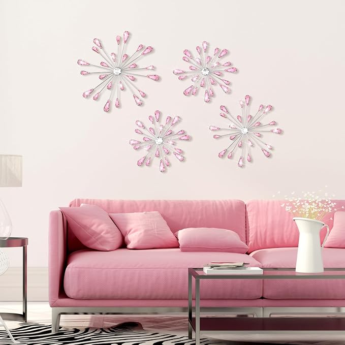 Hicarer 4 Pcs Starburst Wall Decor Bling Wall Art Crystal Teardrop 3D Hanging Rhinestone Radial Metal Artwork Modern Accent Sculptures Decorations for Living Room Home Office Bedroom(Pink)