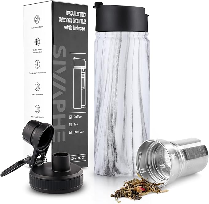 Tea Infuser Bottle With Removable Loose Leaf 18/8 Stainless Steel Insulated Travel Tea Strainer Tumbler tea drinkers gifts for women(White Marble)