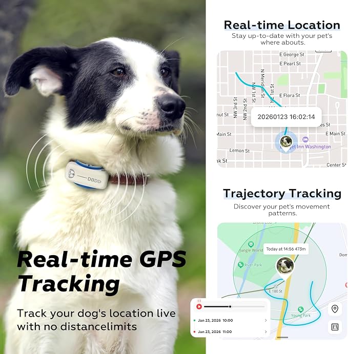 DBDD Smart GPS Tracker for Dogs - Real-Time Location & AI Health Assistant, Waterproof Electronic Fence Collar for Escape