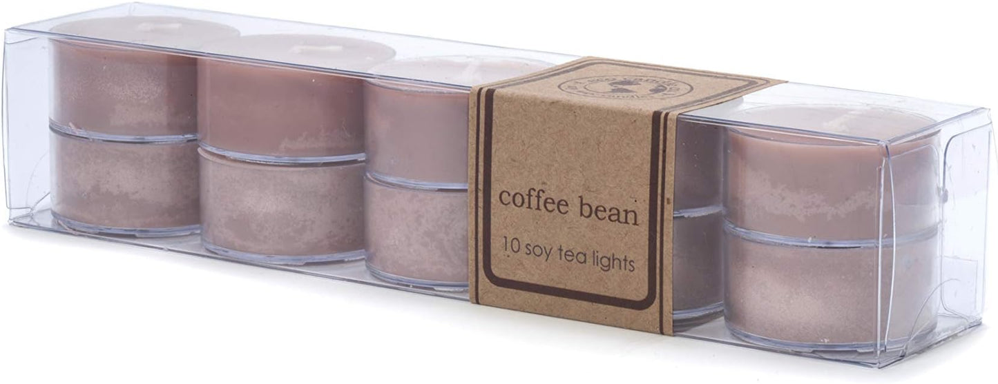 Eco Candle Co. Tea Light Candles, Coffee Bean, 10-Pack - Scents of Coffee Beans & Hazelnut - Recyclable Plastic Cups, 100% Soy Wax, No Lead, Hand Poured, Made from Midwest Grown Soybeans, .6 oz. Each