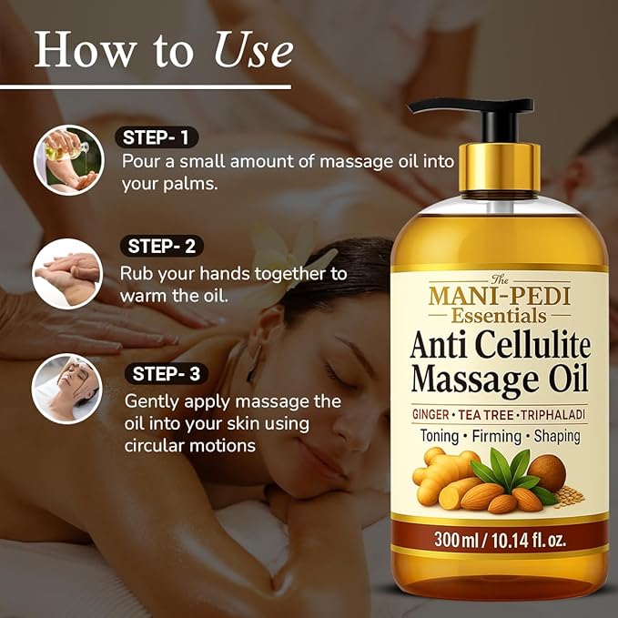 Anti Cellulite Massage Oil with Ginger Oil, Tea-Tree Oil & Natural Herbs for Toning, Firming & Shaping. 100% Natural Ingredients, Non-Sticky Texture - 10 Fl Oz