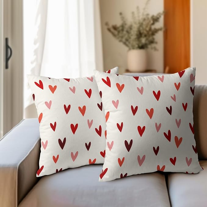 Kawani Valentines Day Throw Pillow Covers 16x16 Inch Set of 2 Pink Red Hearts Love Wedding Square Pillowcase Cotton Linen Cushion Case for Sofa Couch Porch Bedroom Living Room Decor