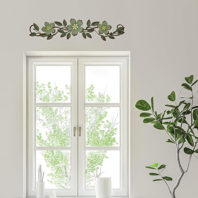 Wesiti Metal Flower Wall Decor Vintage Metal Flower Wrought Iron Scroll Sculpture 15.7''x3.7'' Not 3D, Flat Farmhouse Leaf Wall Decor with Nails for Summer Bedroom Kitchen Indoor Outdoor(Green)