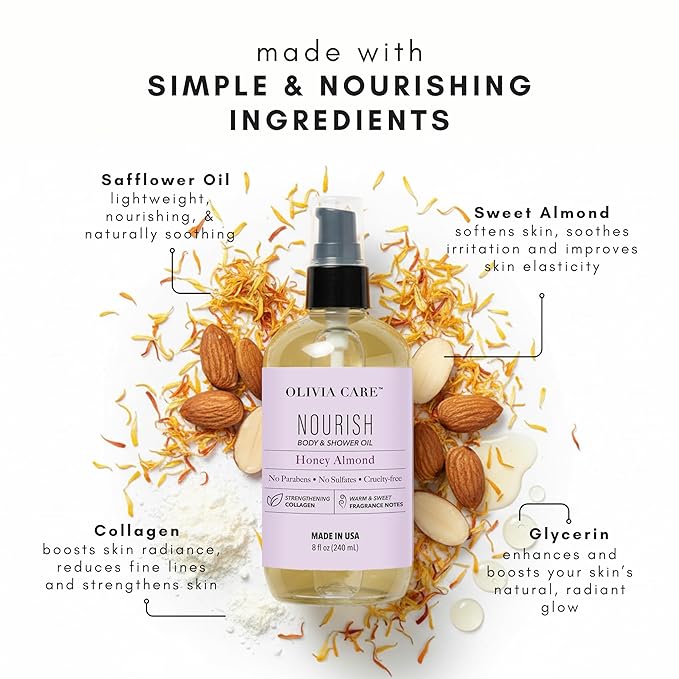 Olivia Care Body & Shower Oil – Vegan Hydrating Body Oil for Soft, Smooth Skin | Moisturizing Shower Oil with Collagen Support | Honey Almond Warm Sweet Fragrance