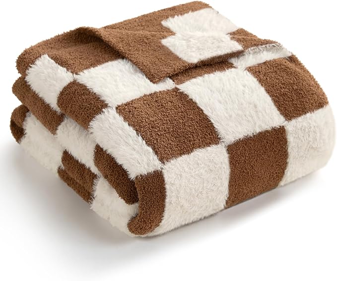 Snuggle Sac Brown Checkered Throw Blanket Faux Fur Microfiber Blankets for Couch,Cozy Soft Warm Blanket for Sofa Bedroom Living Room,Brown Checker,60x80 inches