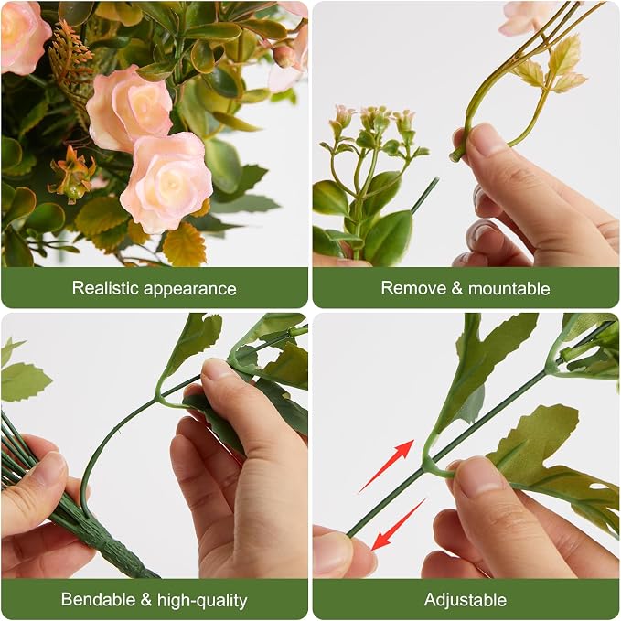RM ROOMERS Artificial Flowers Plants for Outdoors, Fake Flowers Pink Rose | Pink Mini Rose UV Resistant Faux Flower for Garden Porch Windowbox Front Door Yard, No Fade Home Vase Decor (4 Bundles)