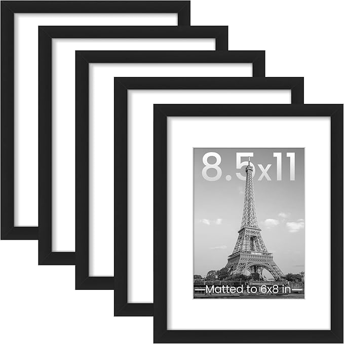 upsimples 8.5 by 11 Picture Frame, Gallery Wall Frames Set of 5, Black | Photo Frame Collage Wall Decor, 6x8 Picture Frame with Mat for Family, Certificate, Diploma, Graduation, Hallway, Christmas
