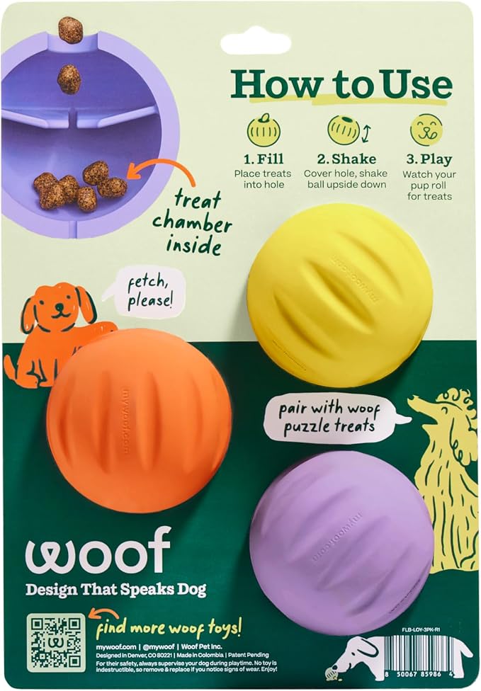 WOOF Flyball Fetch Ball & Dog Treat Dispenser Toy, 3-Pack | 2-in-1 fetch ball, fits standard ball launchers, treat dispenser, durable rubber, dishwasher safe, puzzle enrichment
