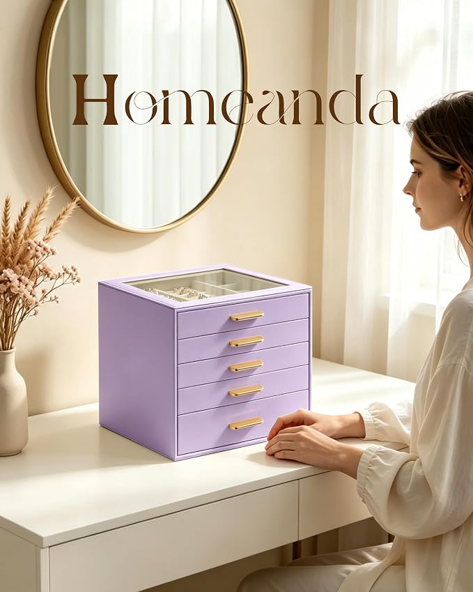 Homeanda Jewelry Boxes Organizer with Glass Lid, 5-Layer PU Leather, Purple | Modern style display case with 5 drawers for daily jewelry, women, mom or girl gift
