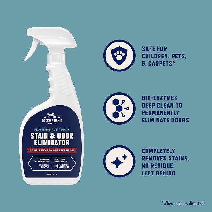 Rocco & Roxie Enzyme Stain & Odor Eliminator, 32 Fl Oz | Bio-enzymatic urine destroyer; CRI Certified Safe; made in USA; for carpets, bedding, litter boxes, crates & cars